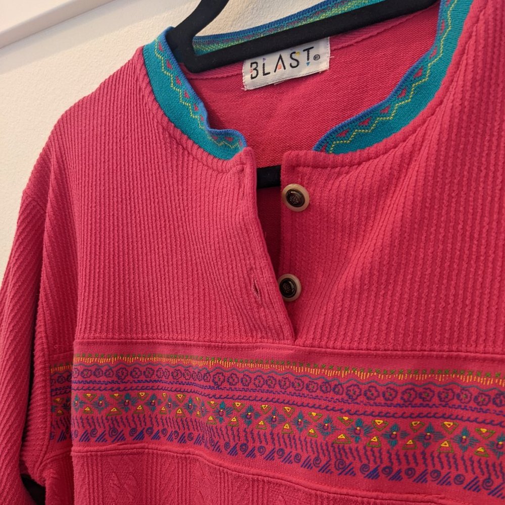Vintage Hot Pink Blast Crew-Neck Textured Sweatshirt w/ Pockets!